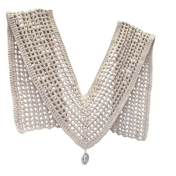 Crochet Shawl Scarf Triangle Beige Cotton Yarn with Pendant, Brand New Handmade - Picture 2 of 6